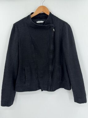 Vince Textured Cotton Asymmetric Zip Moto Jacket | Black | Large